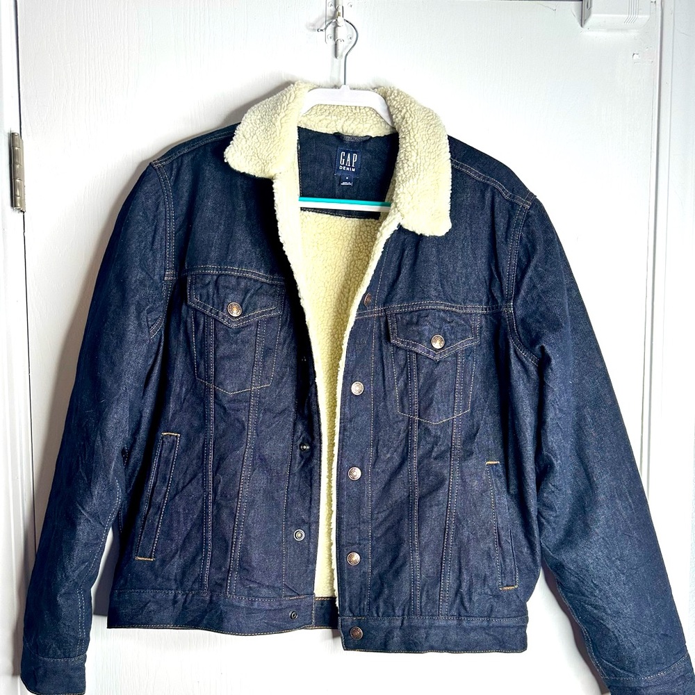GAP Dark Blue Denim Jacket with Cream Sherpa Lining